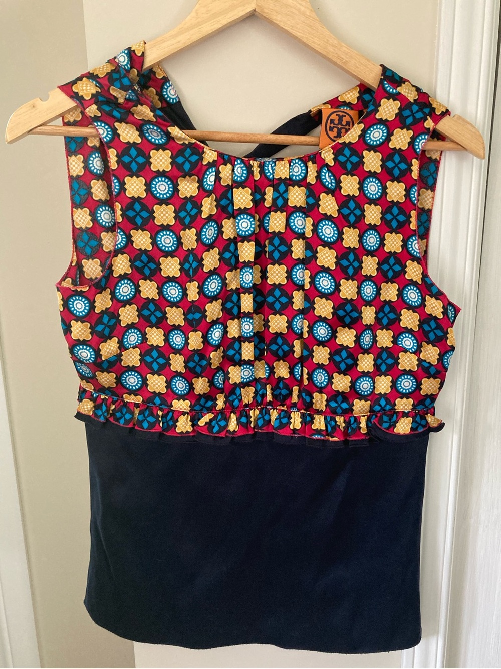 Tory Burch Silk Patterned Sleeveless Shell with Navy Panel